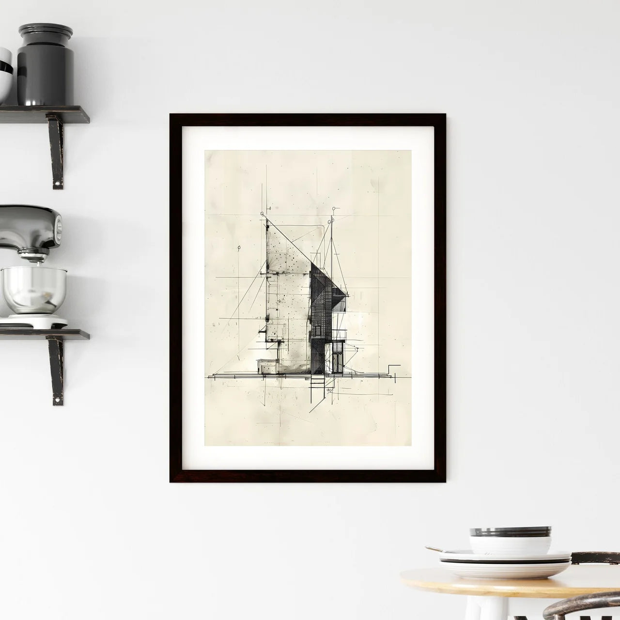 Vibrant Retrofuturist Drawing, Minimal Abstract Architectural Bauhaus Golden Ratio Building Art Custom Print