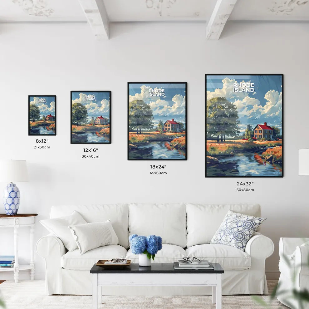 Colorful Oil Painting of a House Beside a River in Rhode Island, USA: Vibrant Art Home Decor Size Chart
