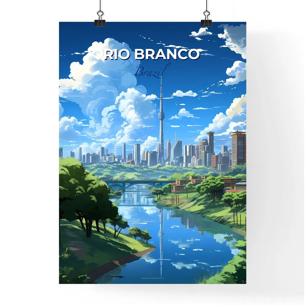 Vibrant Artistic Painting Depicts Rio Branco Brazil Skyline: River, Trees, and City Buildings Default Title