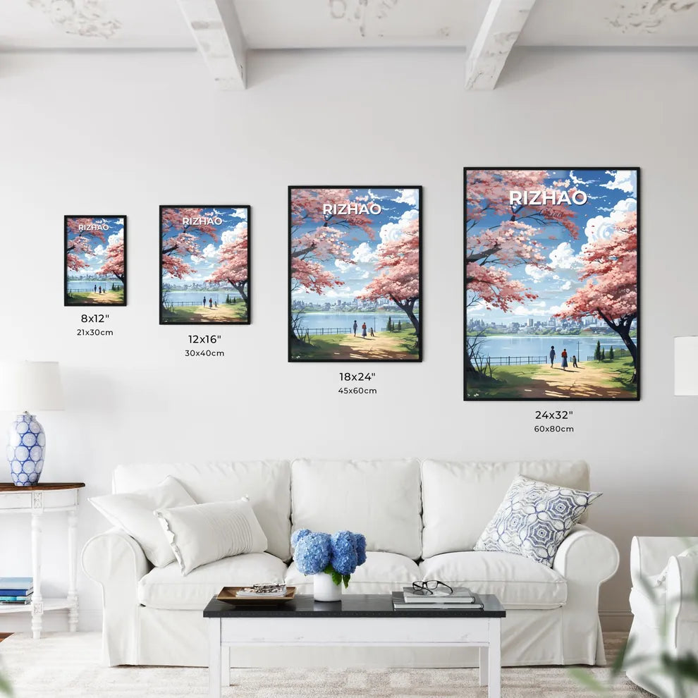 Artful Rizhao Cityscape: Pastel Promenade beneath Pink Blossoms with Urban Panorama Default Title