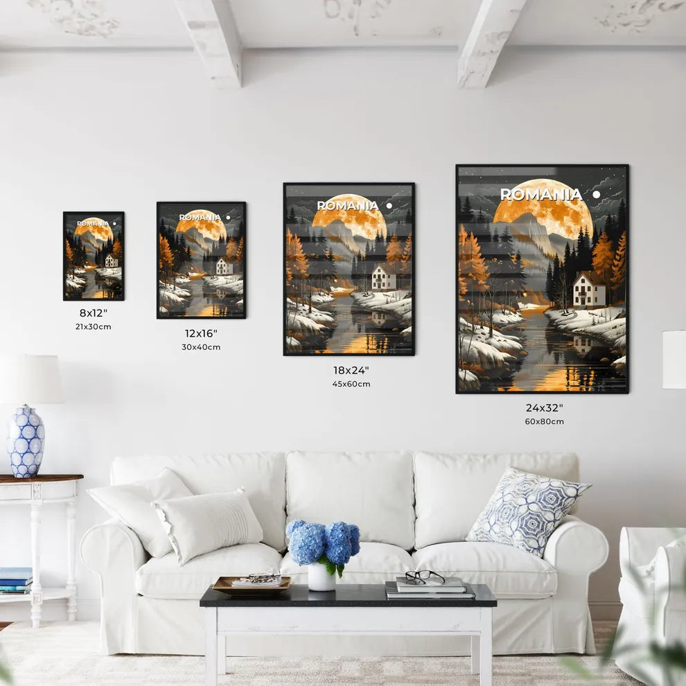 Vibrant Painting: House in the Woods with River and Full Moon, Romania, Europe Size Chart