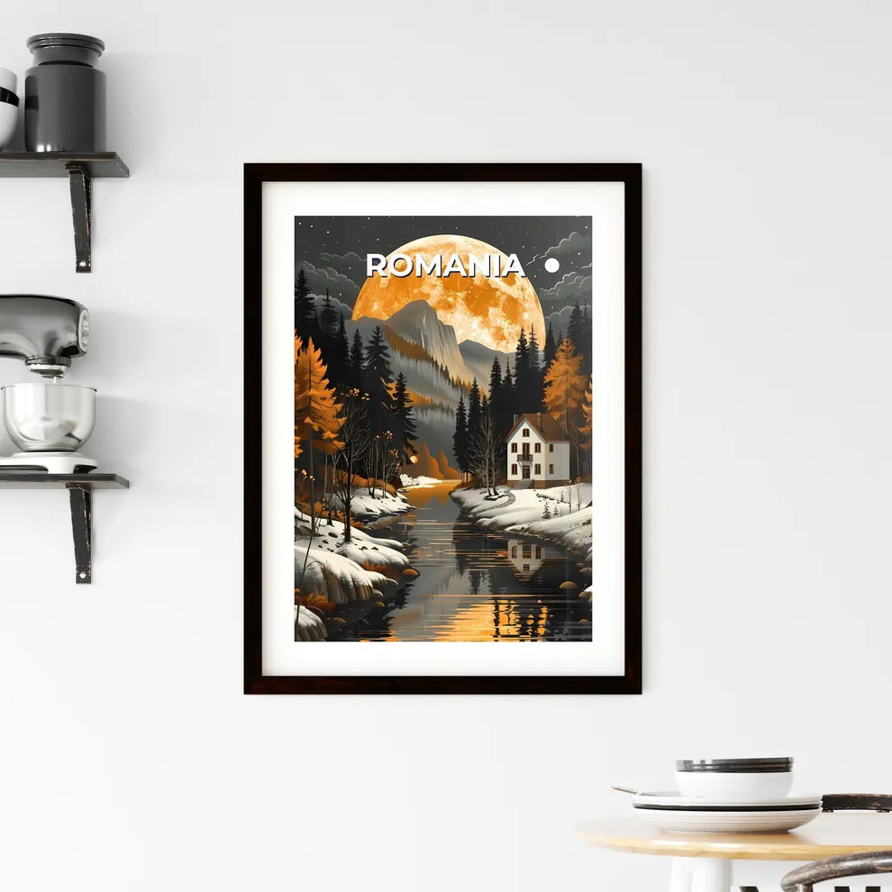 Vibrant Painting: House in the Woods with River and Full Moon, Romania, Europe Custom Print