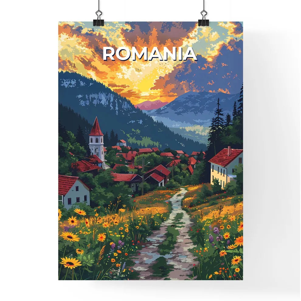 Framed Acrylic Painting of Vibrant Romanian Village Scene with Colorful Flowers and Majestic Mountains Poster