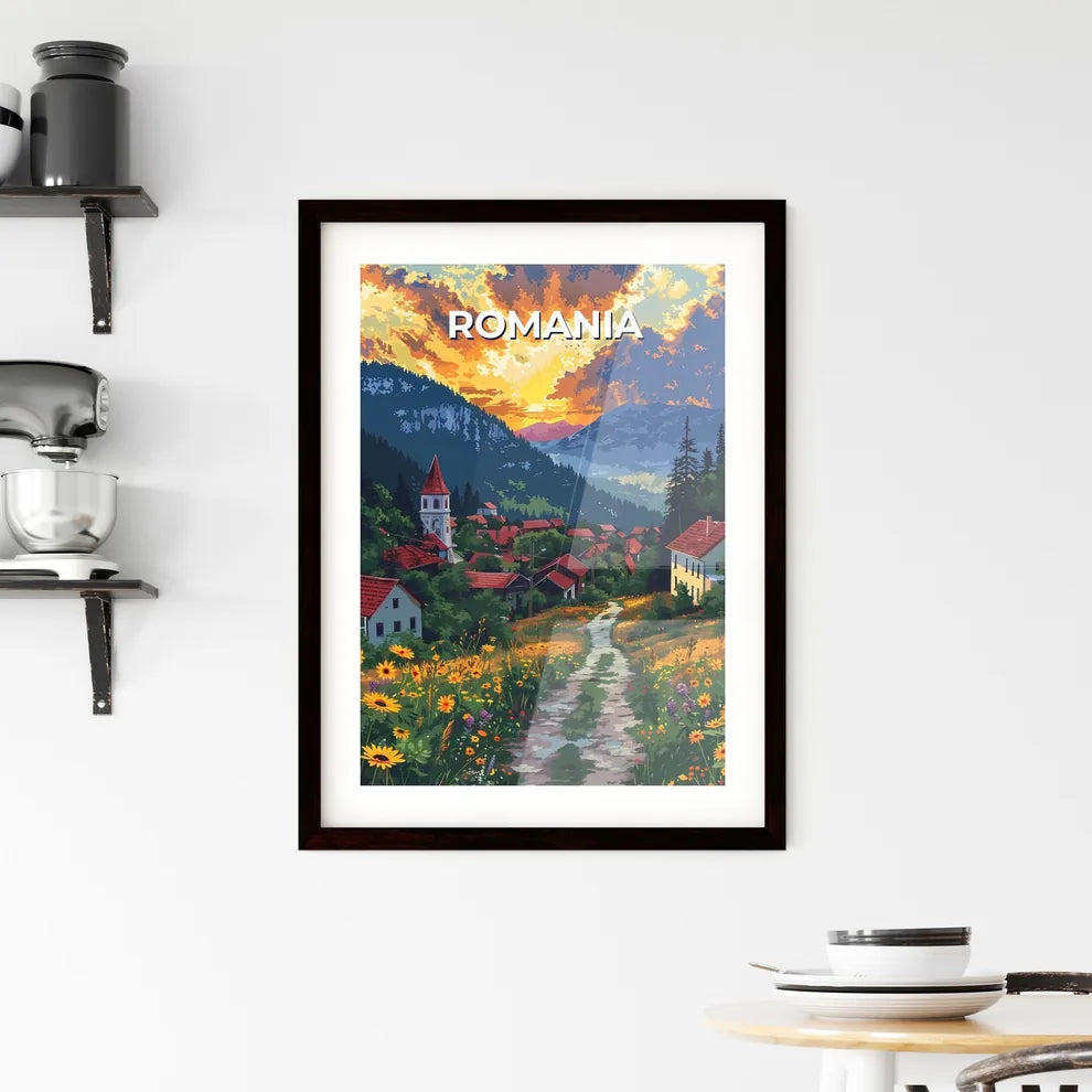 Framed Acrylic Painting of Vibrant Romanian Village Scene with Colorful Flowers and Majestic Mountains Custom Print