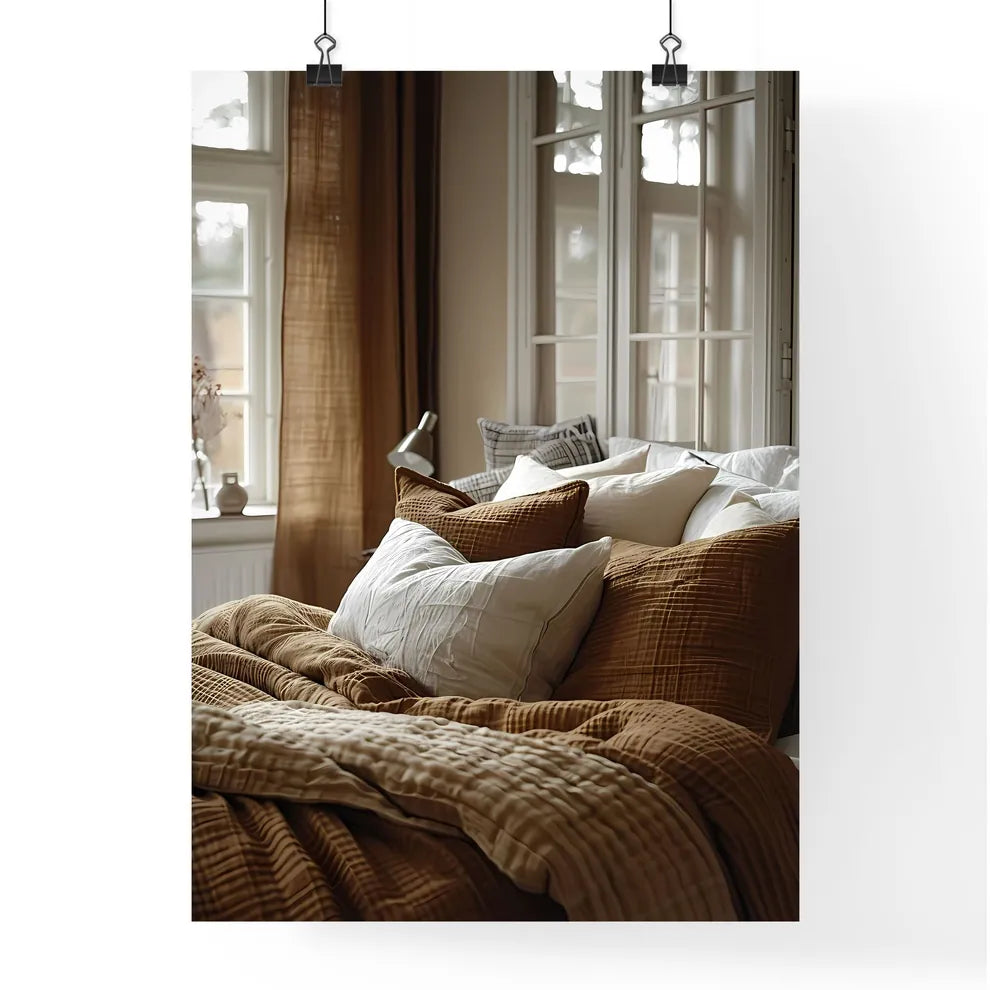 Minimalist bed with brown pillows Poster