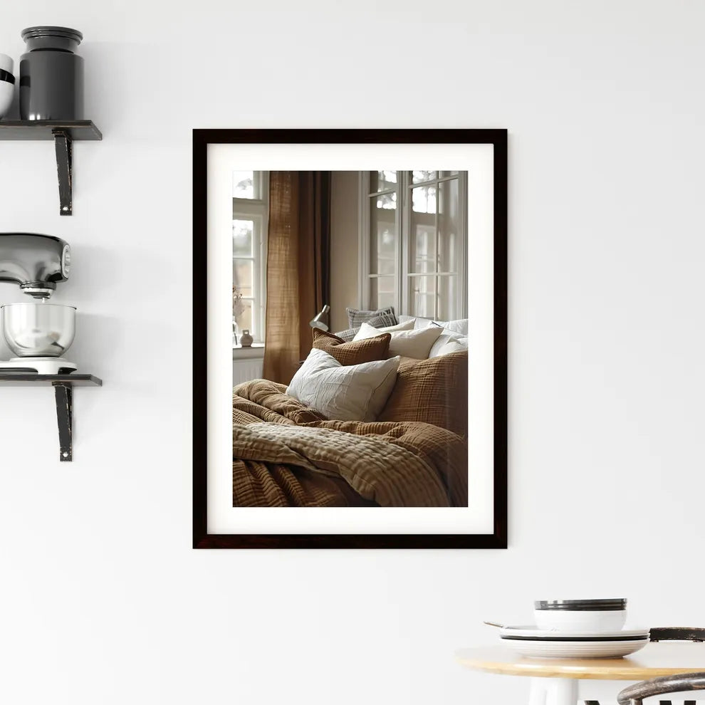 Minimalist bed with brown pillows Framed Print