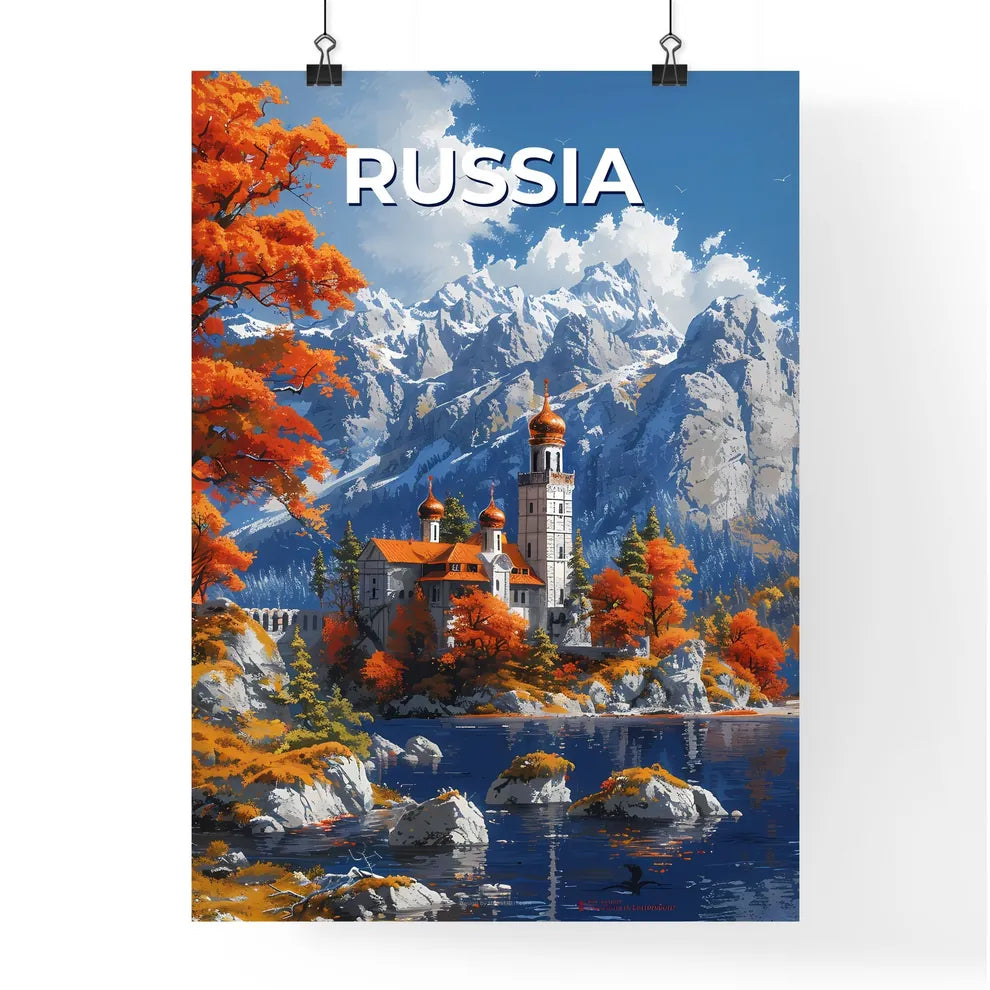 Art Painting of a European Building on a Rocky Coastline with Orange Trees and Mountains Poster