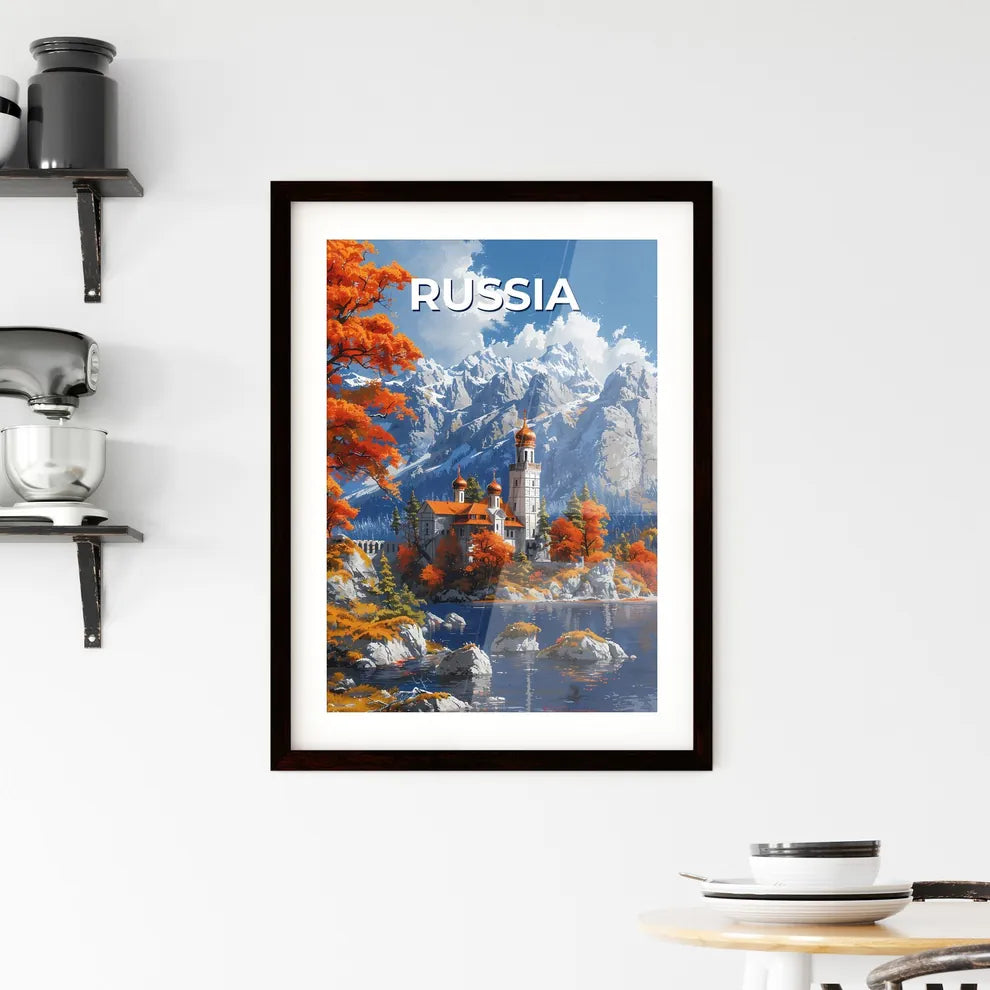 Art Painting of a European Building on a Rocky Coastline with Orange Trees and Mountains Custom Print