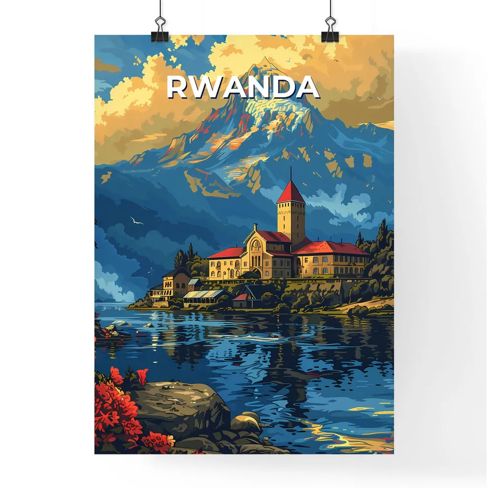 Vibrant Rwandan Painting: Lakeside Building in Africa Poster