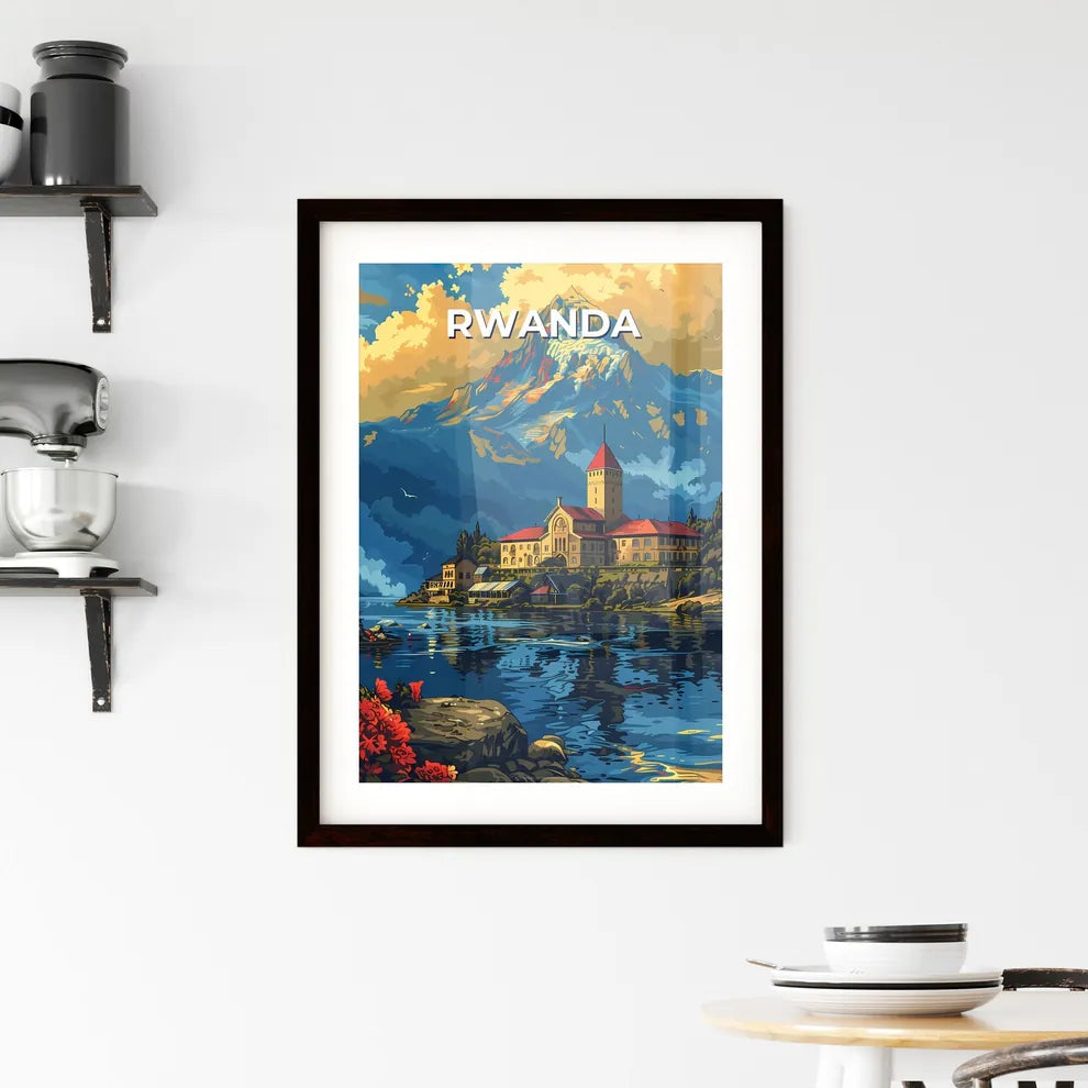 Vibrant Rwandan Painting: Lakeside Building in Africa Custom Print