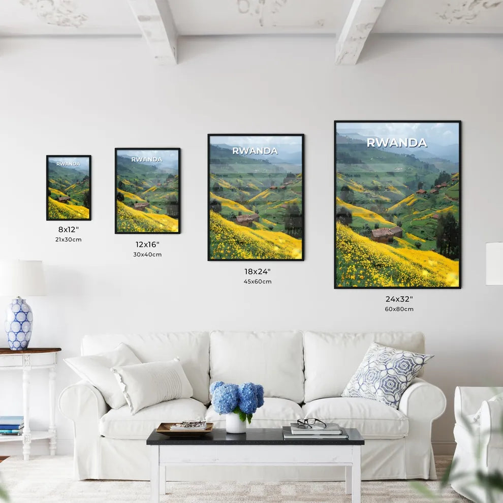 Vibrant Rwanda Hillscape Painting Depicting Lush Greenery, Golden Blooms, and Traditional Houses Size Chart