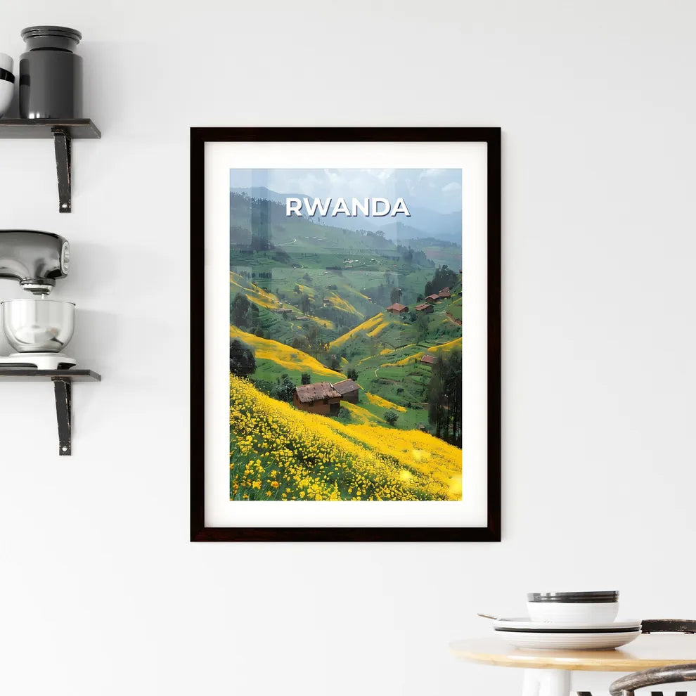 Vibrant Rwanda Hillscape Painting Depicting Lush Greenery, Golden Blooms, and Traditional Houses Custom Print
