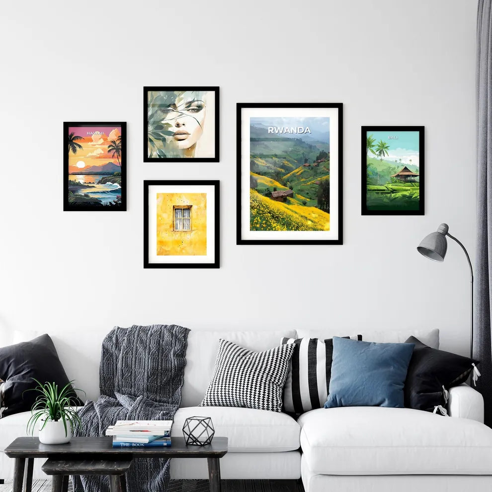 Vibrant Rwanda Hillscape Painting Depicting Lush Greenery, Golden Blooms, and Traditional Houses Interior Design
