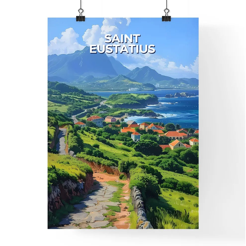 Saint Eustatius North America | Stunning Green Hillside Village Panorama | Vibrant Artistic Landscape | Emerald Island Art Poster