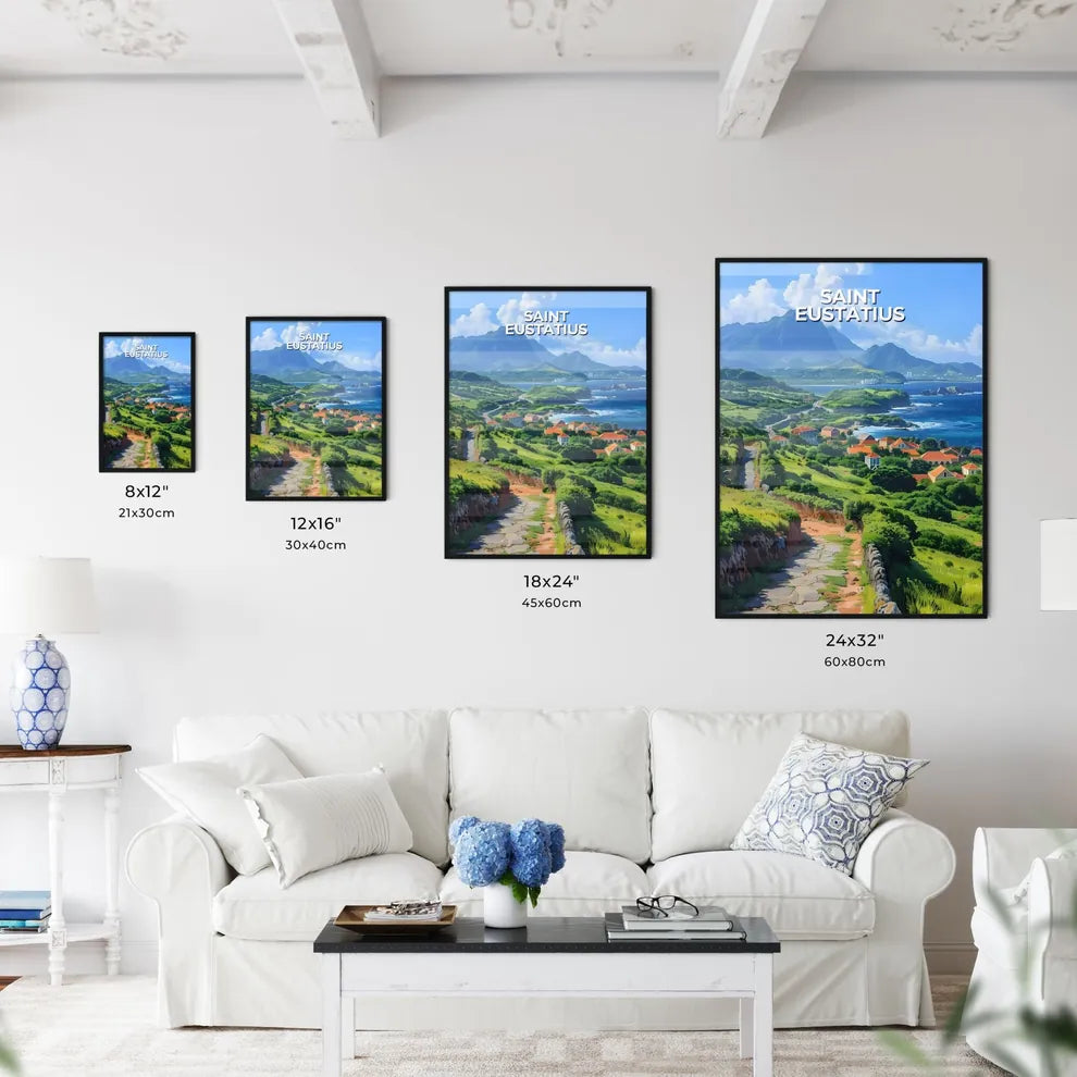 Saint Eustatius North America | Stunning Green Hillside Village Panorama | Vibrant Artistic Landscape | Emerald Island Art Size Chart