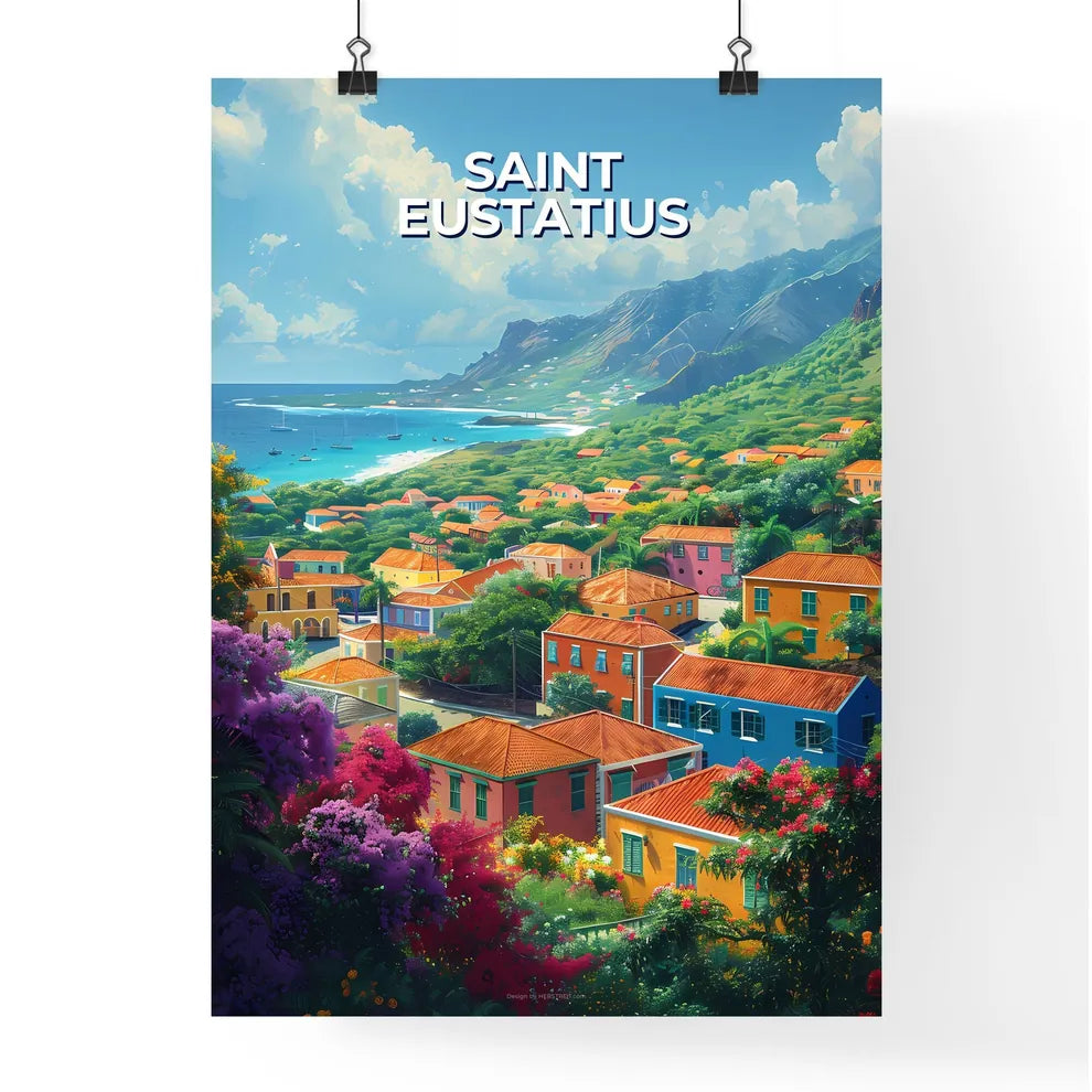 Saint Eustatius Hillside Colorful Abstract Art Houses Painting Caribbean Ocean Poster