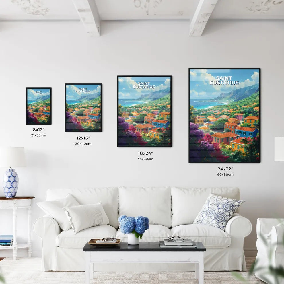 Saint Eustatius Hillside Colorful Abstract Art Houses Painting Caribbean Ocean Size Chart