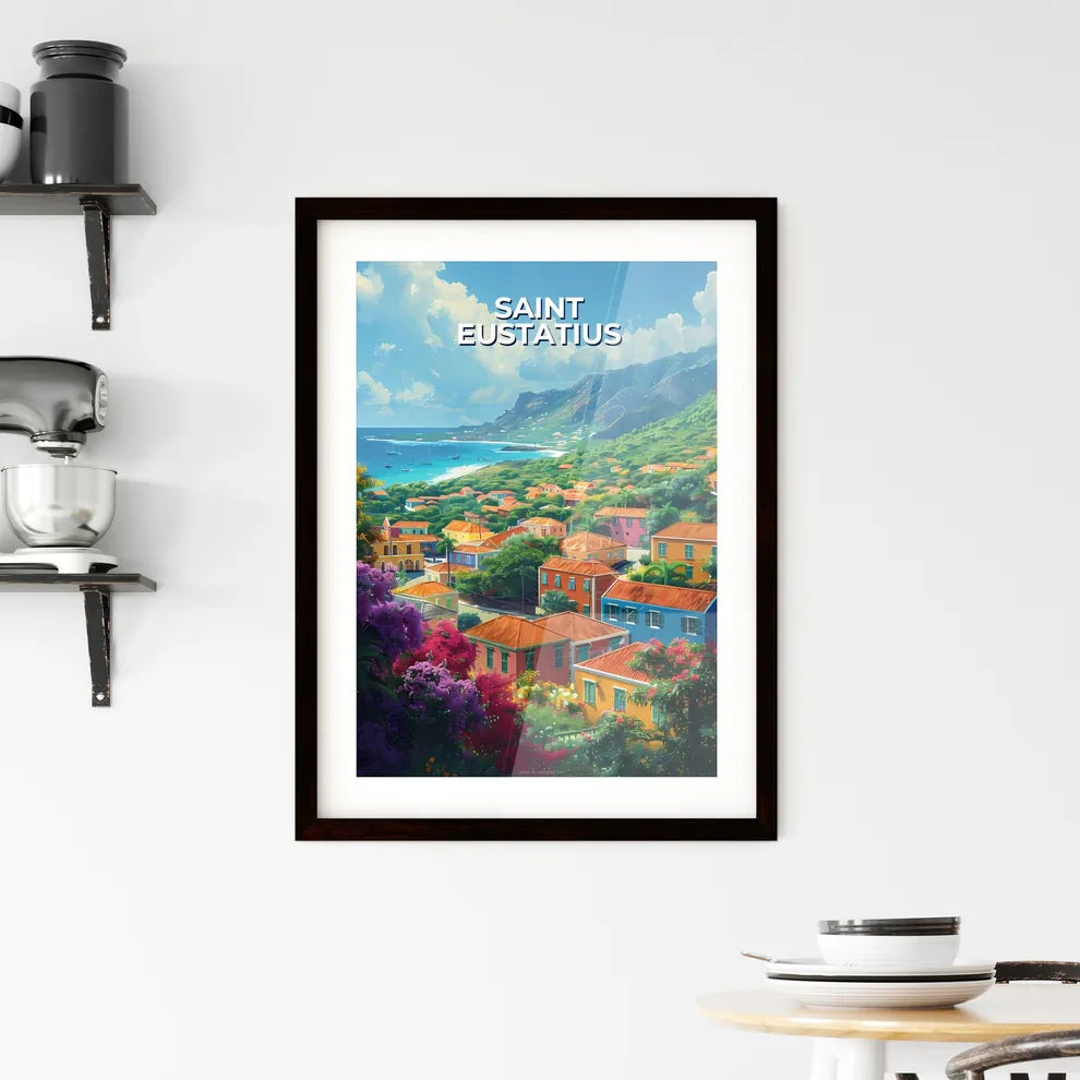 Saint Eustatius Hillside Colorful Abstract Art Houses Painting Caribbean Ocean Custom Print