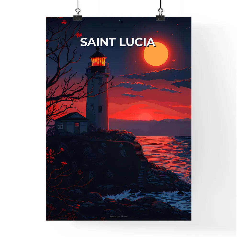 Lighthouse on Hilltop, Saint Lucia, Caribbean, Artwork, Vibrant Painting, Rocky Coast, House, Tree, Ocean, Blue Sky Poster