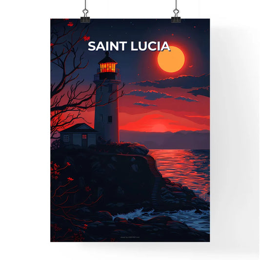 Lighthouse on Hilltop, Saint Lucia, Caribbean, Artwork, Vibrant Painting, Rocky Coast, House, Tree, Ocean, Blue Sky Poster