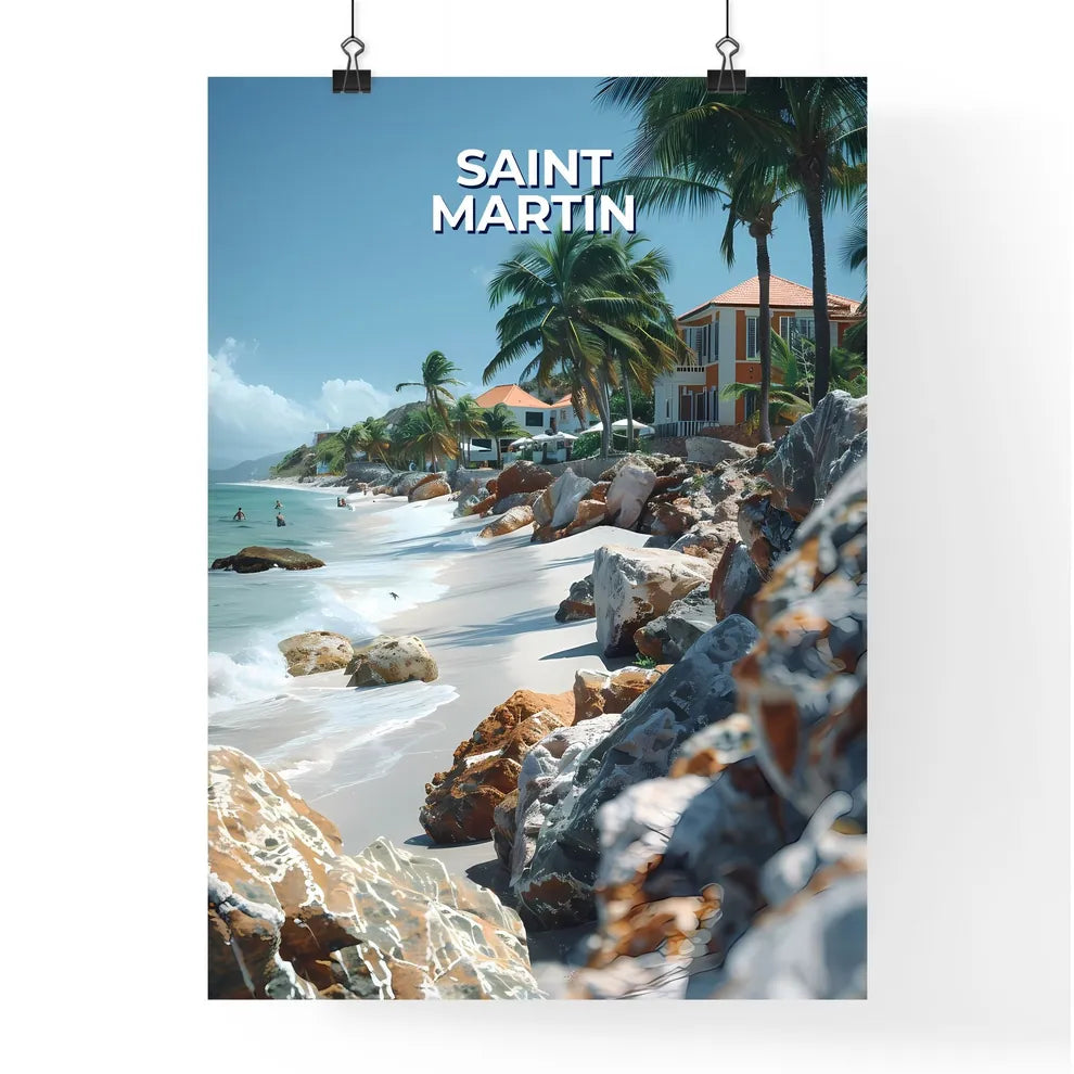 Vibrant Artistic Beach Scene with Homes and  Poster