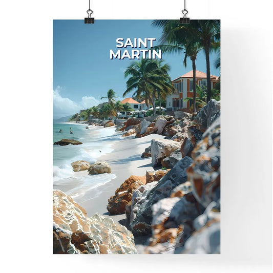 Vibrant Artistic Beach Scene with Homes and  Poster