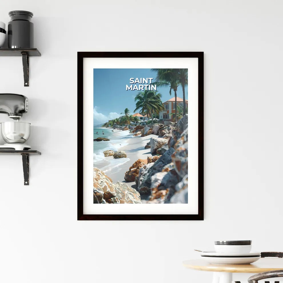 Vibrant Artistic Beach Scene with Homes and  Framed Print