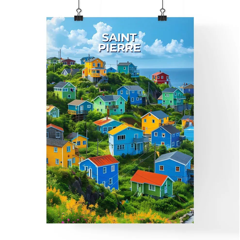 Colorful houses on a hill in Saint Pierre and Miquelon, North America - vibrant painting, art Poster