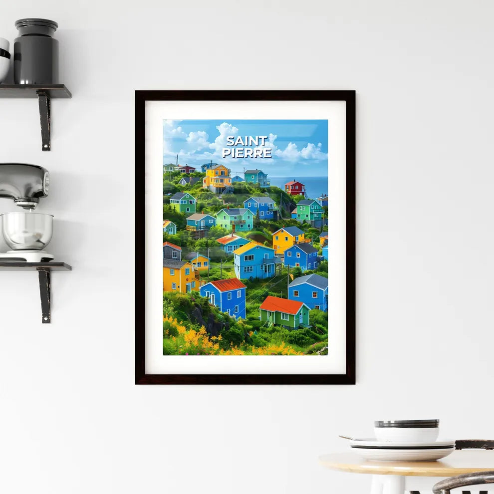 Colorful houses on a hill in Saint Pierre and Miquelon, North America - vibrant painting, art Custom Print
