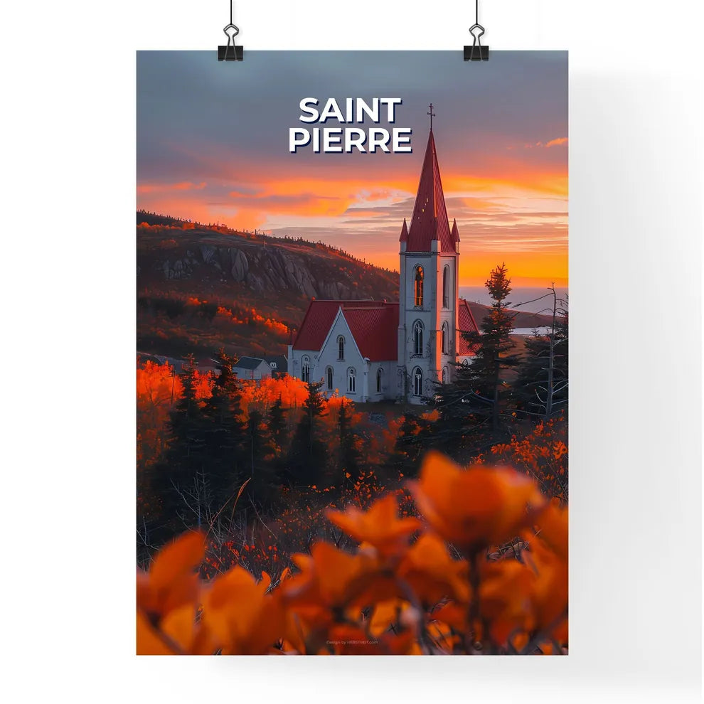 Saint Pierre and Miquelon Church Painting, Steeple, Forest, Traditional, Religious, Vibrant Art, North America Poster