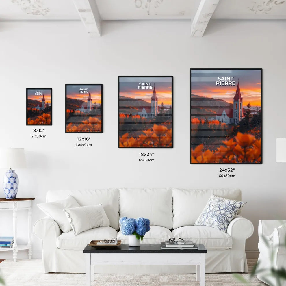 Saint Pierre and Miquelon Church Painting, Steeple, Forest, Traditional, Religious, Vibrant Art, North America Size Chart