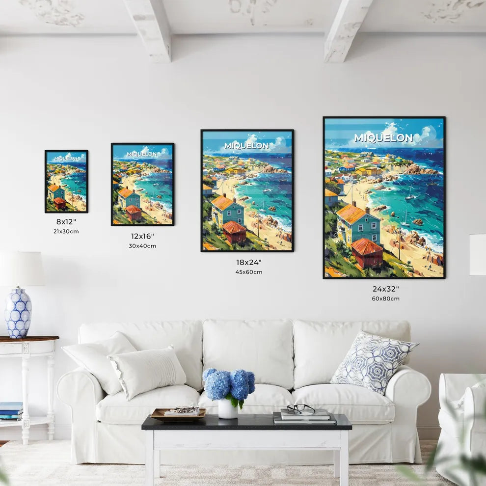 Stunning Art Piece Depicting Saint Pierre and Miquelon Beachfront with Houses and Boats in North America Size Chart