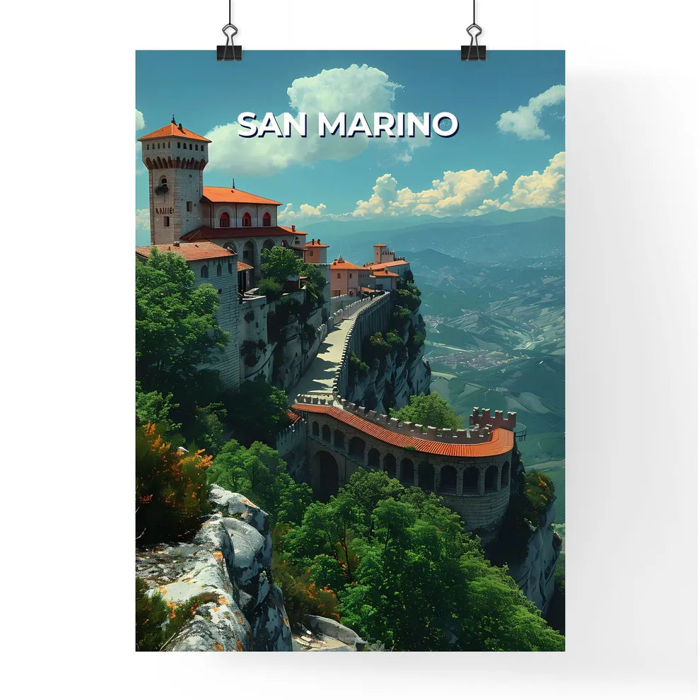 San Marino, Europe - Artistic Castle Art, Vibrant Painting, Cliff, European Landscape, Architecture, Cityscape, Colorful Scenery, Hilltop Village, Mountain Views Poster