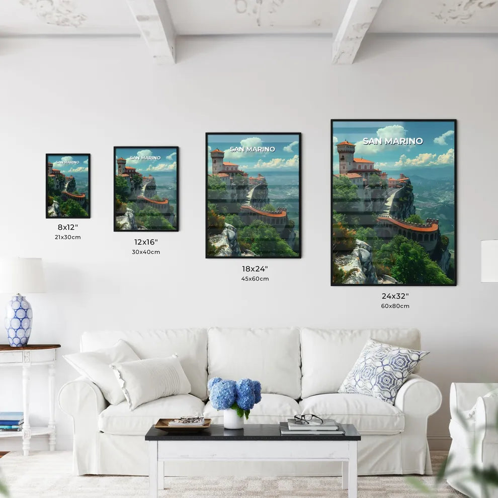 San Marino, Europe - Artistic Castle Art, Vibrant Painting, Cliff, European Landscape, Architecture, Cityscape, Colorful Scenery, Hilltop Village, Mountain Views Size Chart