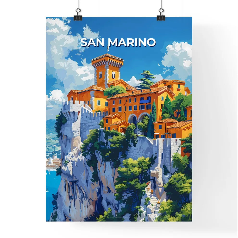 Vibrant Artwork: San Marino, Europe, Clifftop Building, Painting, Art Focus Poster