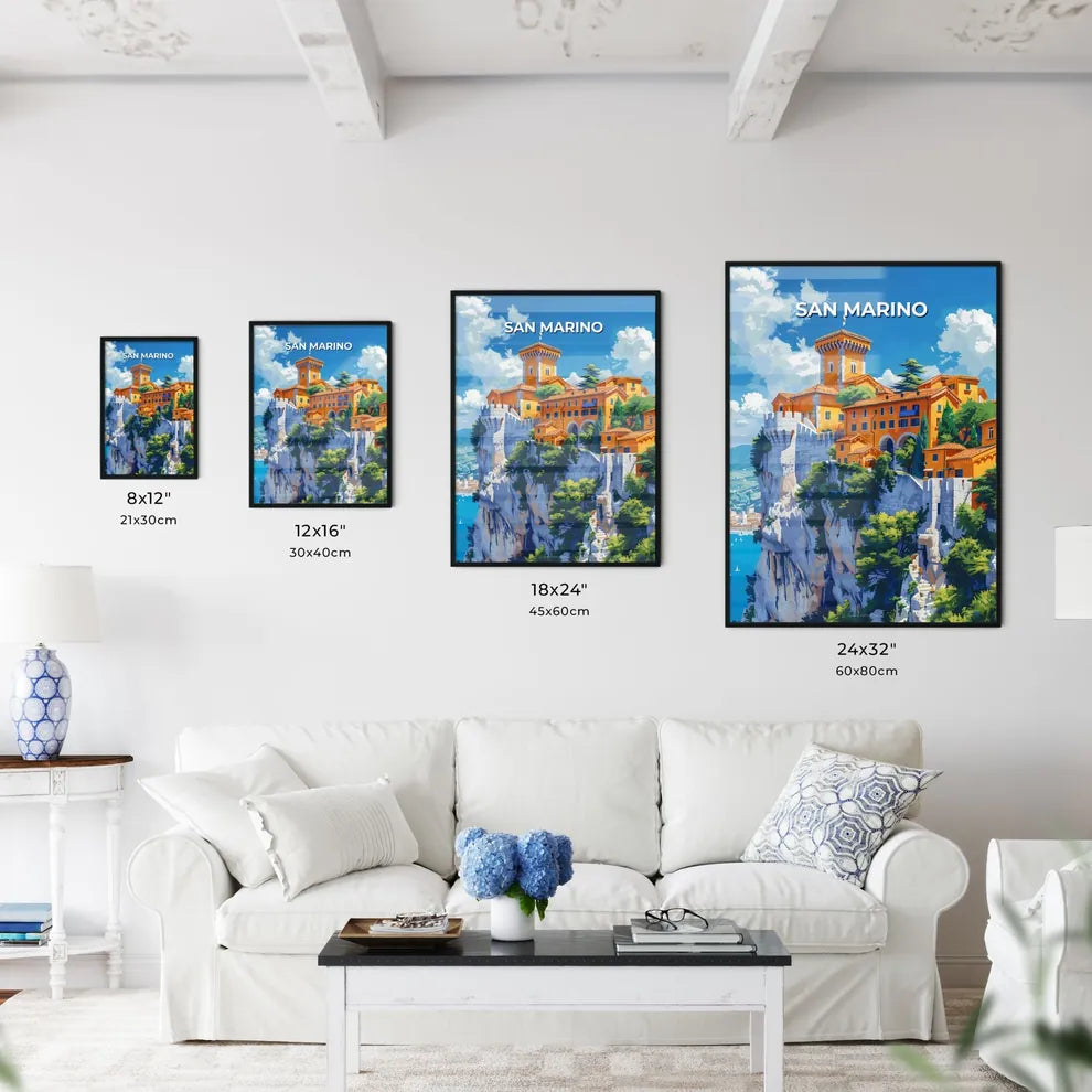 Vibrant Artwork: San Marino, Europe, Clifftop Building, Painting, Art Focus Size Chart