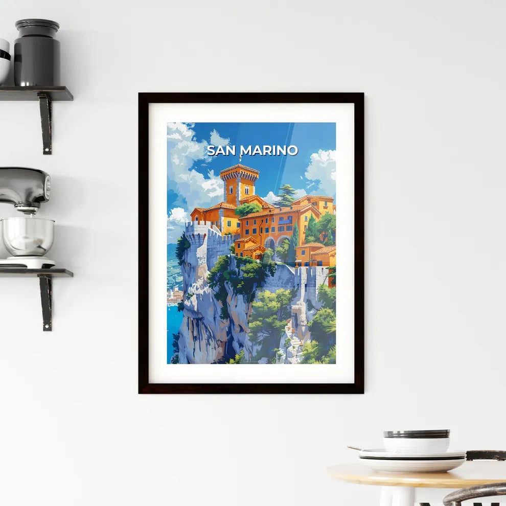Vibrant Artwork: San Marino, Europe, Clifftop Building, Painting, Art Focus Custom Print