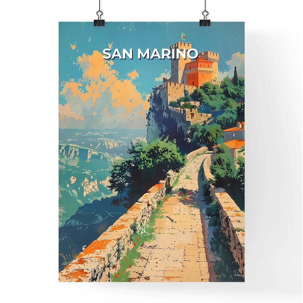 Majestic Castle on Clifftop, San Marino, Europe - Vibrant Artistic Depiction Poster