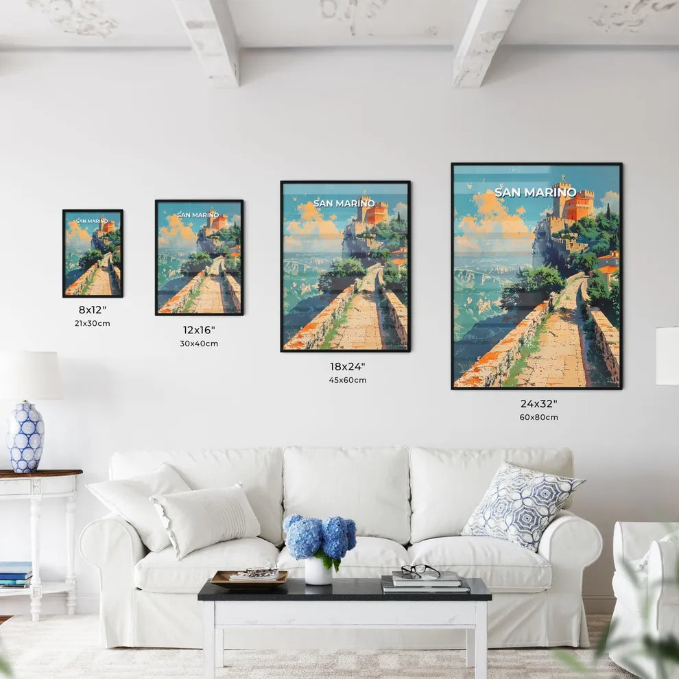 Majestic Castle on Clifftop, San Marino, Europe - Vibrant Artistic Depiction Size Chart