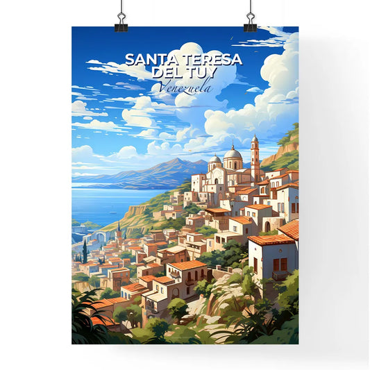 Vibrant Painting of Colorful Santa Teresa del Tuy Venezuela Skyline City on a Hill Overlooking Body of Water Default Title