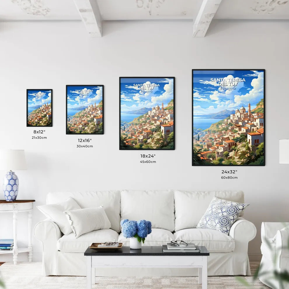 Vibrant Painting of Colorful Santa Teresa del Tuy Venezuela Skyline City on a Hill Overlooking Body of Water Default Title