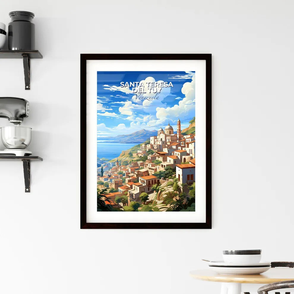 Vibrant Painting of Colorful Santa Teresa del Tuy Venezuela Skyline City on a Hill Overlooking Body of Water Default Title