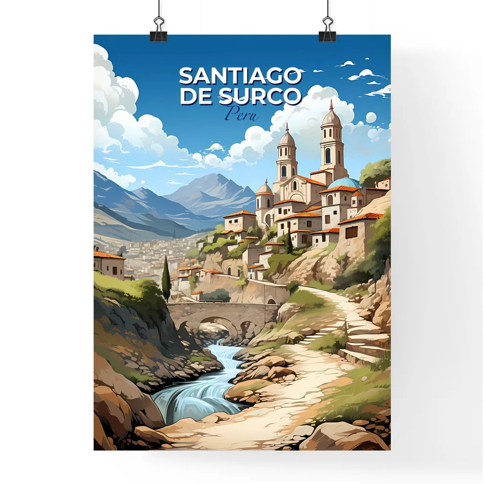 Artistic Skyline of Santiago de Surco Peru with River and Mountains Landscape Painting Default Title
