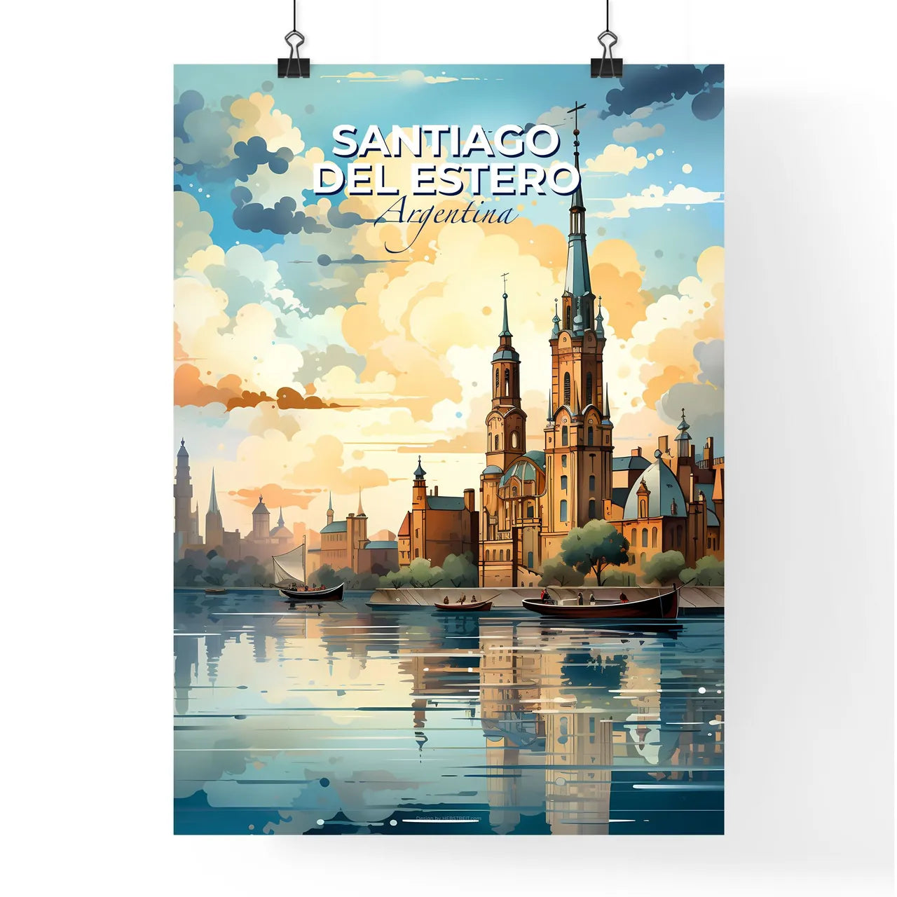 Abstract Expressionist Painting of Santiago del Estero Argentina Cityscape Skyline with Castle and Waterway Default Title