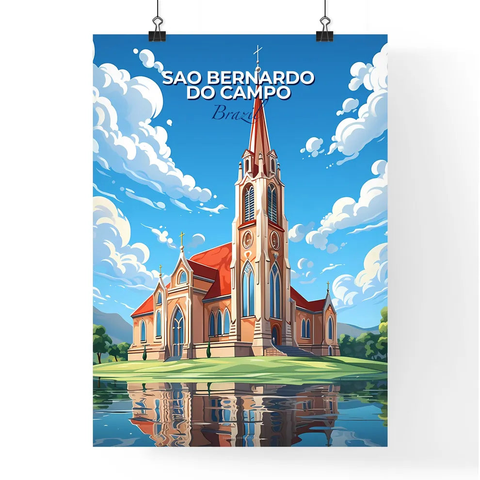 Colorful painting of Sao Bernardo do Campo Brazil skyline featuring a church tower and lake Default Title