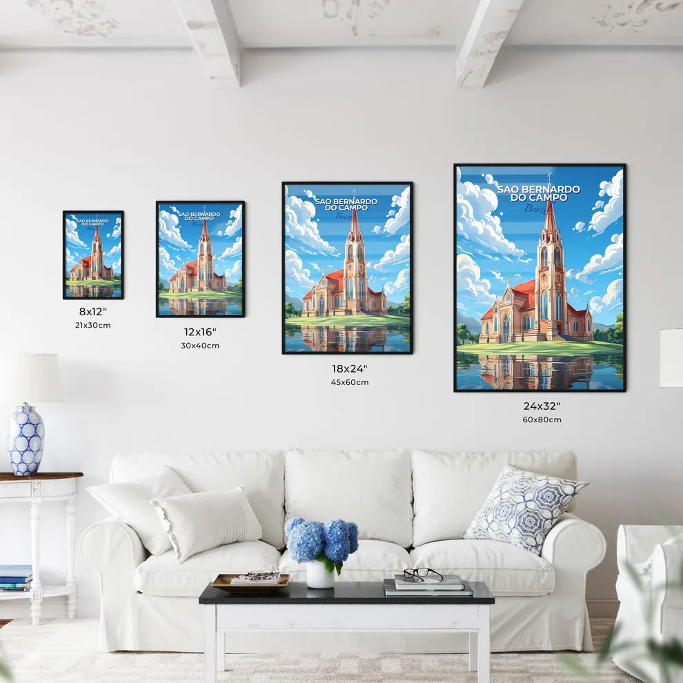 Colorful painting of Sao Bernardo do Campo Brazil skyline featuring a church tower and lake Default Title
