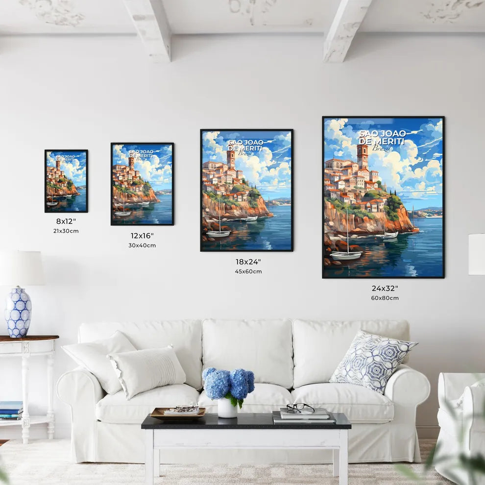 Vibrant Artistic Painting of Sao Joao de Meriti Brazil Skyline with Boats on Water Featuring Ocean Hill Town Architecture in Coastal Brazil Default Title