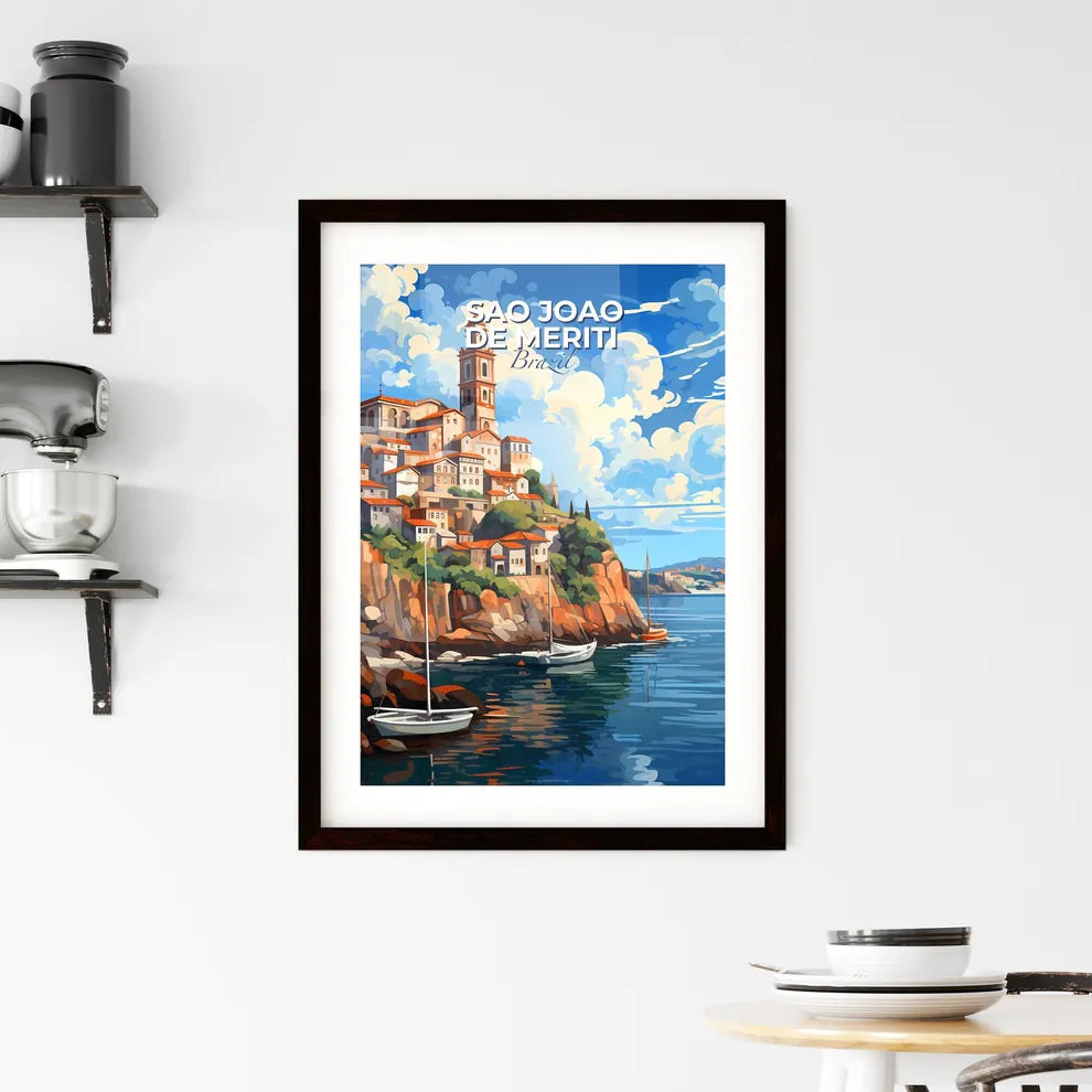 Vibrant Artistic Painting of Sao Joao de Meriti Brazil Skyline with Boats on Water Featuring Ocean Hill Town Architecture in Coastal Brazil Default Title
