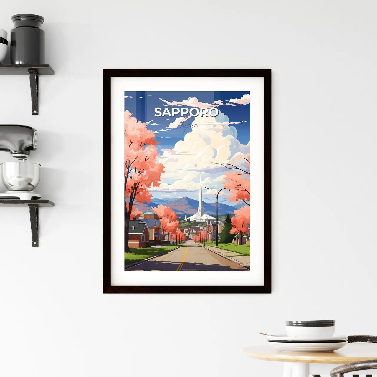 Vibrant Hand-Painted Sapporo Skyline Depicting Pink Trees and a Tower Backdrop Default Title