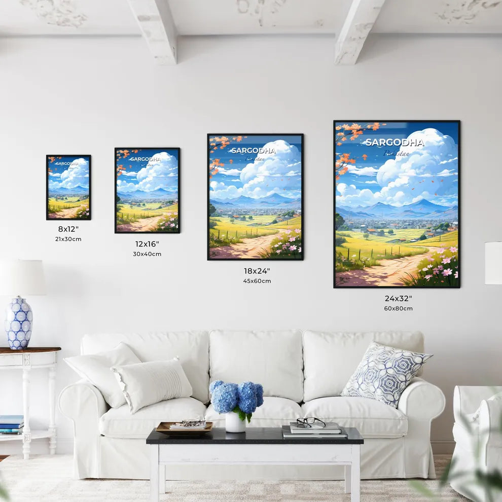 Vibrant Pakistani Sargodha Skyline Landscape Painting with Road and Flowers Default Title